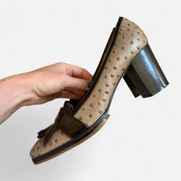 Pilar Abril Brown ostrich leather fring block heel loafers - Picture 5 of 8